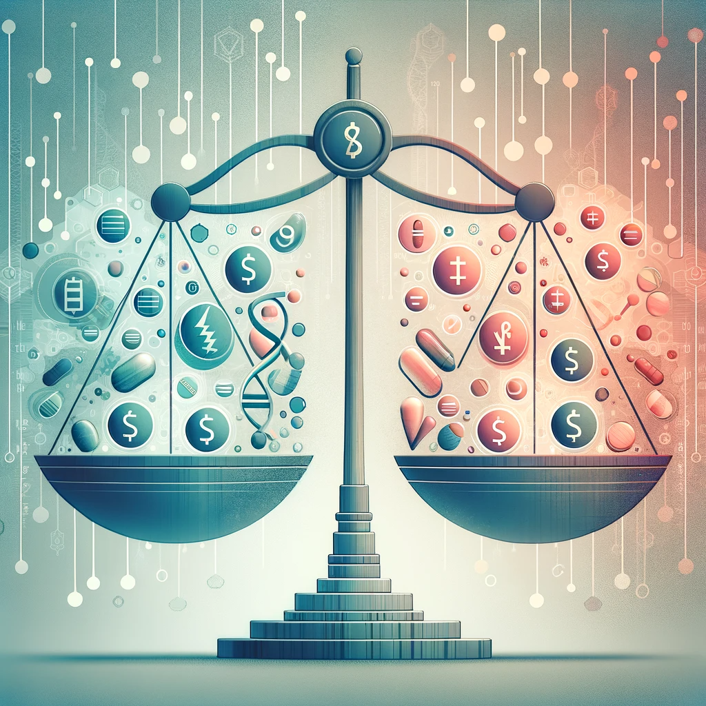 Abstract illustration of pharmaceutical pricing strategies, featuring a balance scale with pricing model symbols and a background of pills, DNA strands, and currency symbols in a modern color scheme