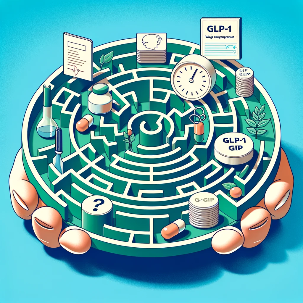 Simple maze illustration symbolizing the complex journey of GLP-1/GLP-GIP therapy development in weight management